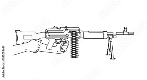 Hand holding a loaded machine gun with bipod and ammo belt, line art illustration