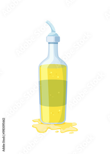 Glass oil bottle with dispenser cap and spill puddle stock illustration.