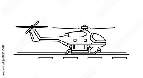 Helicopter on Runway, Aviation Transport, Military Aircraft, Line Art Illustration