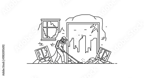 Hazmat worker cleans debris after disaster, illustration