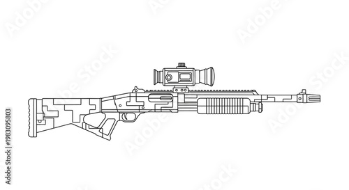 Line Art Drawing of a Tactical Shotgun with Scope