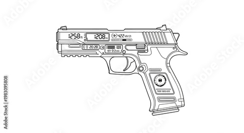 Line Drawing of a Modern Semi-Automatic Pistol with Detailed Features
