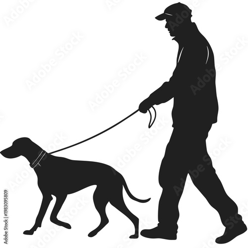 Man Walking Dog on Leash Silhouette Vector Graphic