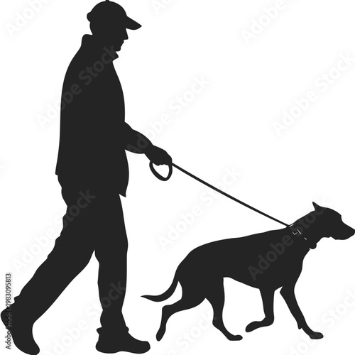 Man Walking Dog on Leash Silhouette Vector Graphic