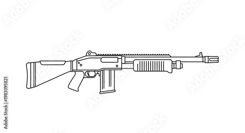 Line Art Illustration of a Tactical Shotgun with Magazine