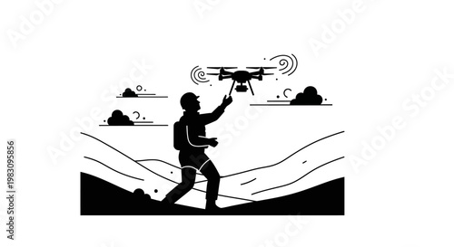 Man launching drone in hilly landscape, aerial photography concept