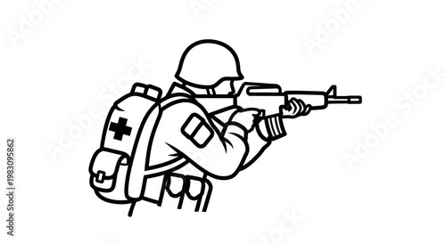 Medic soldier with rifle and backpack, military medical support, combat medic icon
