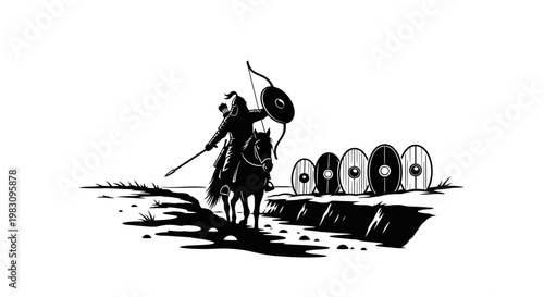 Medieval Archer on Horseback with Shields, Black and White Illustration