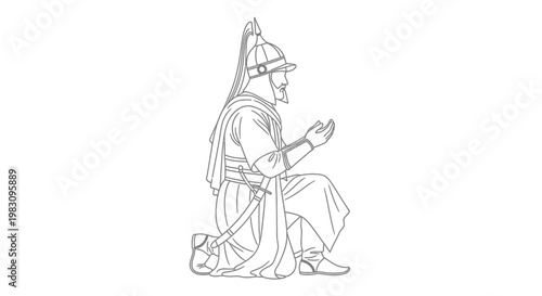 Medieval Warrior Praying Kneeling Warrior with Sword and Helmet, Historical Military Figure
