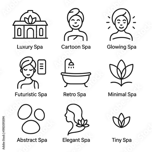 Spa icon set featuring minimal, cartoon, and futuristic designs for a relaxing experience
