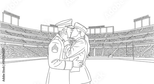 Military Couple Kissing on Football Field During Game