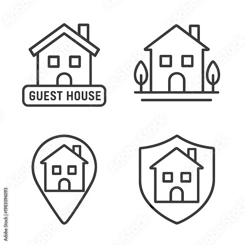 Minimalist guest house icons set: modern line art for real estate designs