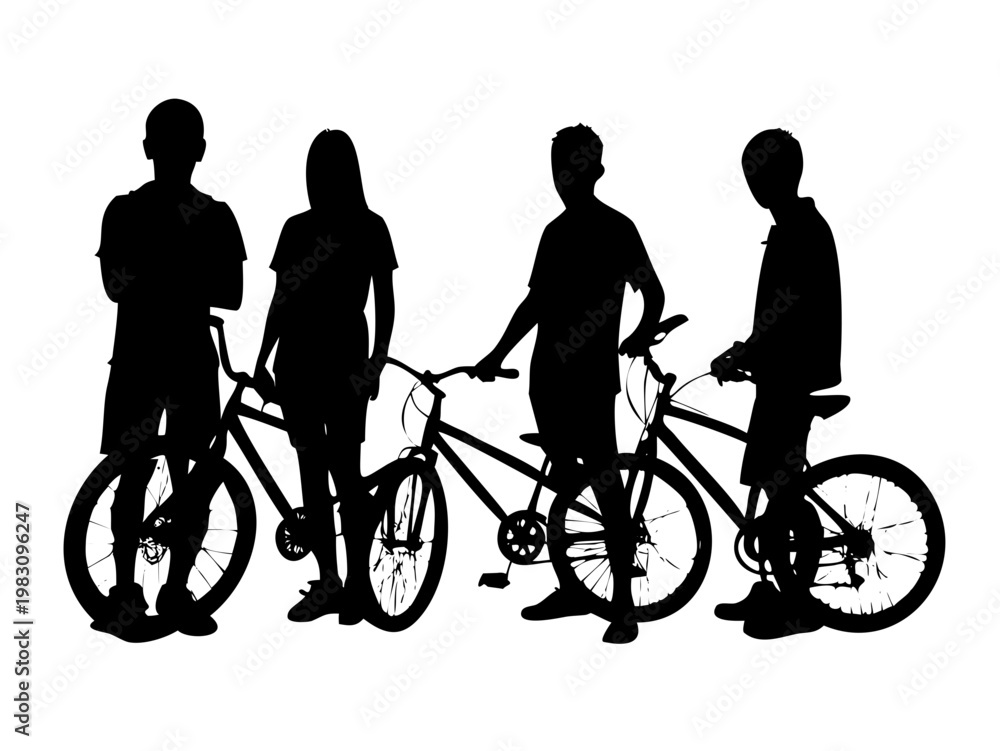 Obraz premium Group of Teenagers with Bicycles Silhouette - Youth Lifestyle Urban BMX Vector Graphic