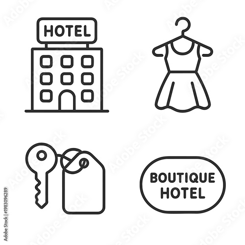 Hotel and boutique symbols featuring dress, key, and tag icons