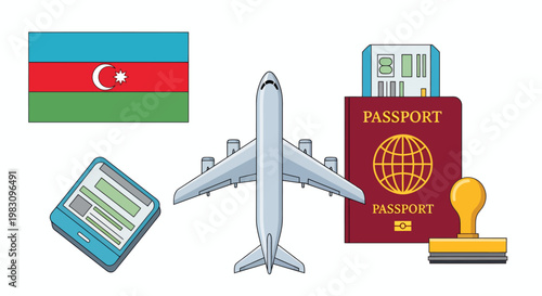 Travel Essentials: Azerbaijan Flag, Passport, and Flight Journey.