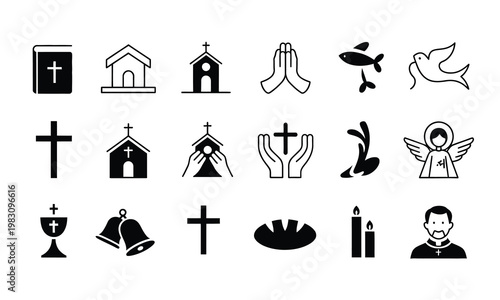 Christian Religion Icons Set Church Cross Prayer Dove Angel Bible Vector Illustration
