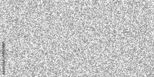 Glitch checkered pixels analog TV pattern. Pixelated glitchy 90s background. Screen noise texture, no video signal concept. Black and white color.