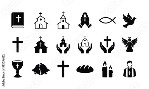 Christian Religion Icons Set Church Cross Prayer Dove Angel Bible Vector Illustration