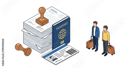 Two Travelers with Visa Documents and Official Papers for International Travel.