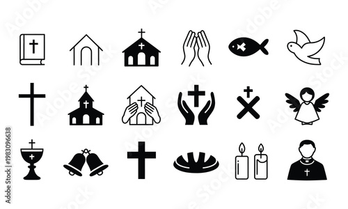 Christian Religion Icons Set Church Cross Prayer Dove Angel Bible Vector Illustration