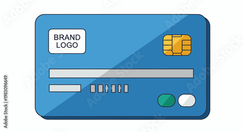 Illustration of a blue credit card with chip and branding elements, representing digital banking and payments.