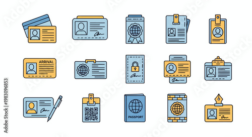 Collection of icons representing identification cards, travel documents, and badges.