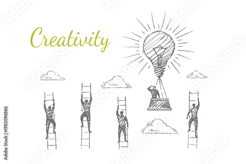 Creativity - Lightbulb lifts thinker above ladders, new ideas