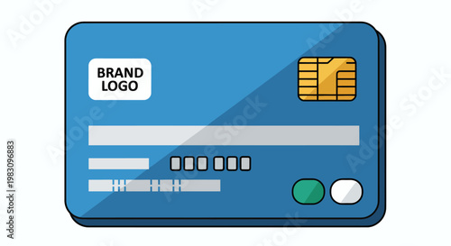 Blue credit card illustration with chip and magnetic stripe for financial technology and payment concept.