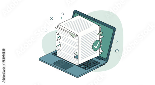 Illustration of a laptop with stacked papers and digital documents representing office workflow and data organization.
