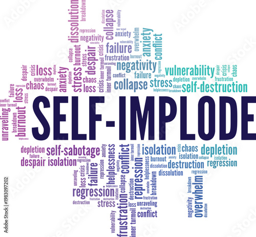 Self-implode word cloud conceptual design isolated on white background.