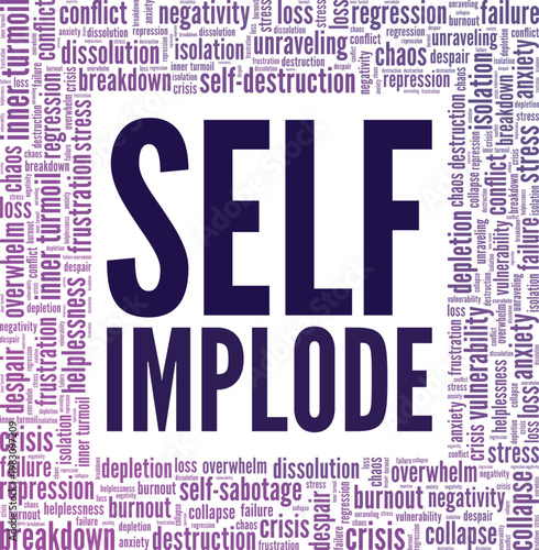 Self-implode word cloud conceptual design isolated on white background.