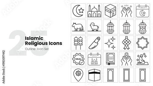 Islamic Religious Icons Outline Icon Set Vector
