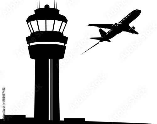 Airplane Approaching Control Tower Near Airport Runway