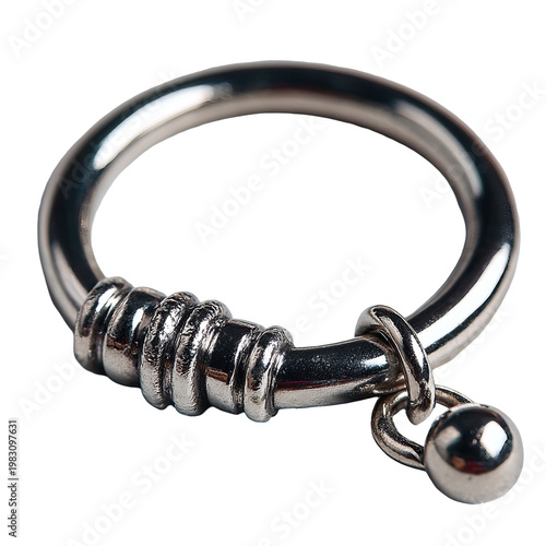 Shiny metal hoop earring with dangling bead, isolated on a black background