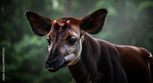 Close-up of a okapi in a forest, looking alert