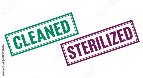 Cleaned and sterilized medical supplies with stamped labels indicating they are sanitized and ready for use