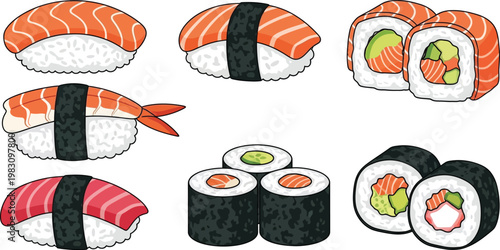 Japanese Sushi Set with Nigiri Maki and Salmon Rolls