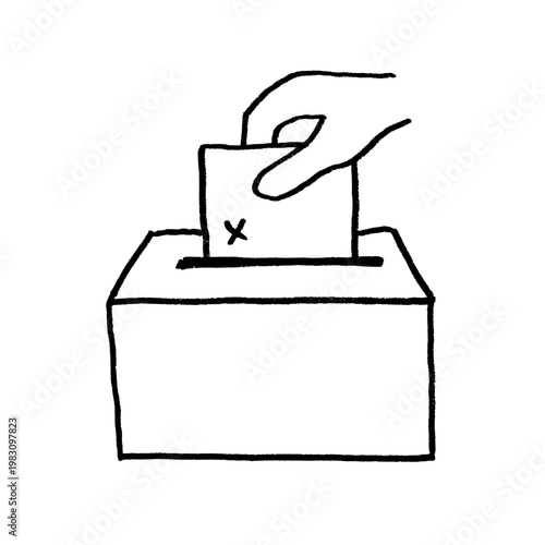 Hand putting the paper vote into ballot box hand drawn doodle object. Vector isolated black drawing. Simple election voting box sketch.