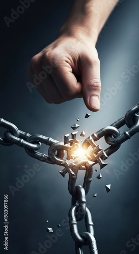 Hand breaking free from metal chain with explosive force