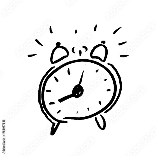 Hand-drawn ringing alarm clock. Black doodle style hand drawn object. Simple isolated outline.