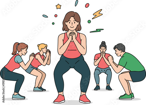 Flat vector illustration of a group of diverse people doing squats in a fitness class for healthy lifestyle concept
