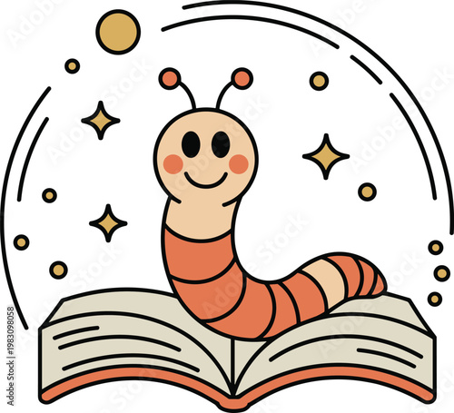 Cute cartoon bookworm character sitting on an open book with magic stars and sparkles for education and reading concept vector.