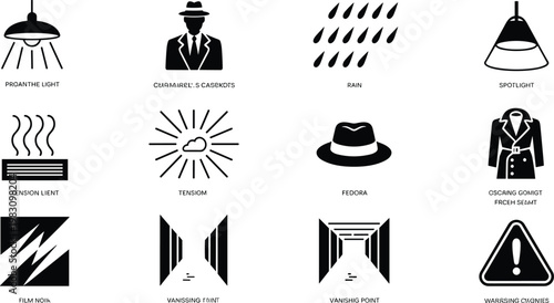 Detective film noir icon set featuring fedora hat trench coat silhouette man rain streaks spotlight beam and vanishing point
