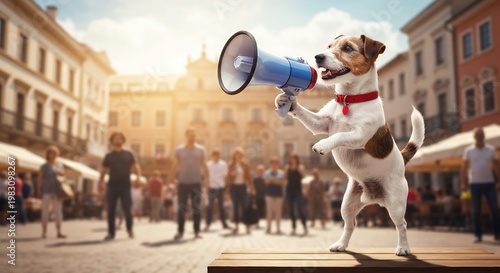 A Jack Russell Terrier dog holding a megaphone in a city square