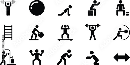 Set of fitness gym icons featuring weightlifting athletes, workout equipment, exercise silhouettes, bodybuilding training symbols, and athletic sports pictograms