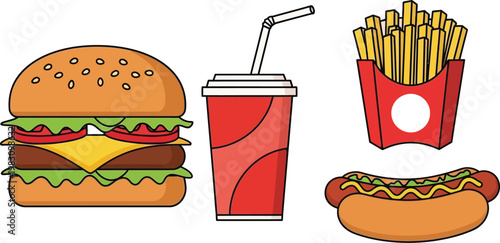 Fast Food Set with Cheeseburger French Fries Soda and Hot Dog