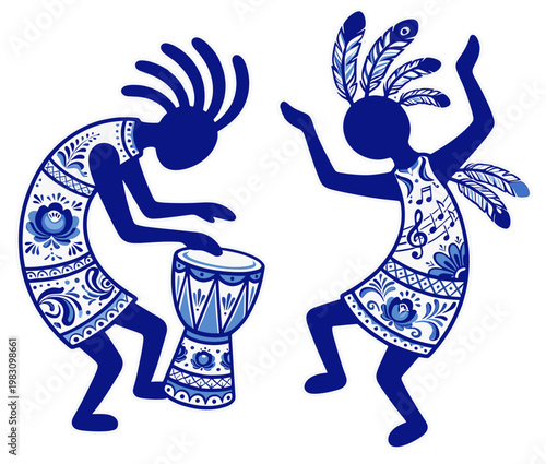 Abstract dancers playing drum and celebrating with vibrant movement  