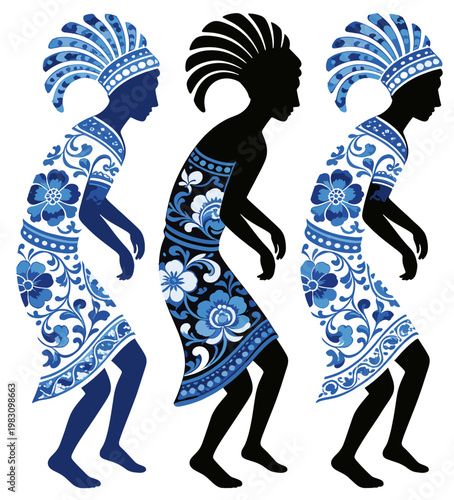 Stylized dancers in patterned dresses with blue floral designs  