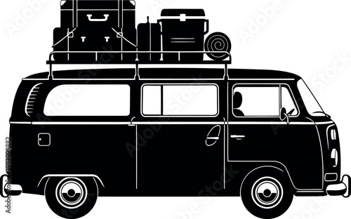 Vintage style van loaded with luggage and camping gear ready for trip