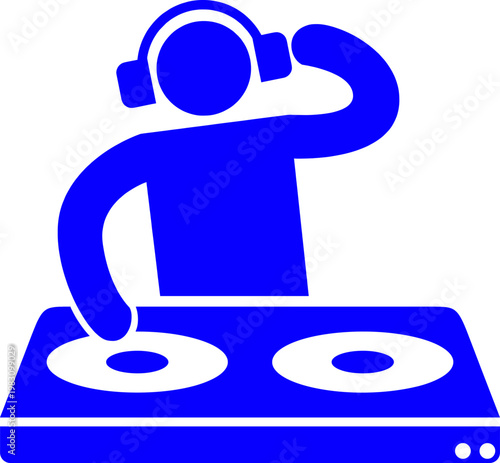 DJ Music Icon Vector, Disc Jockey With Headphones Mixing Turntable Blue Minimal Editable EPS Illustration